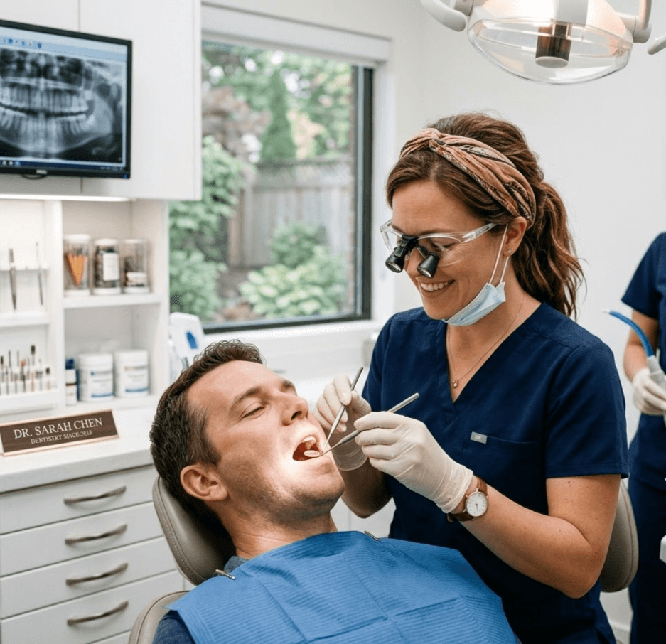 Dentist in navy scrubs examining a smiling patient in a bright dental office